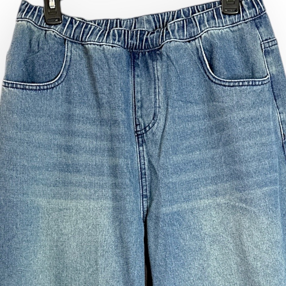 Emmiol Womens Wide Leg Baggy Jeans Medium Wash Elastic Waist Pull On Large - Picture 7 of 9